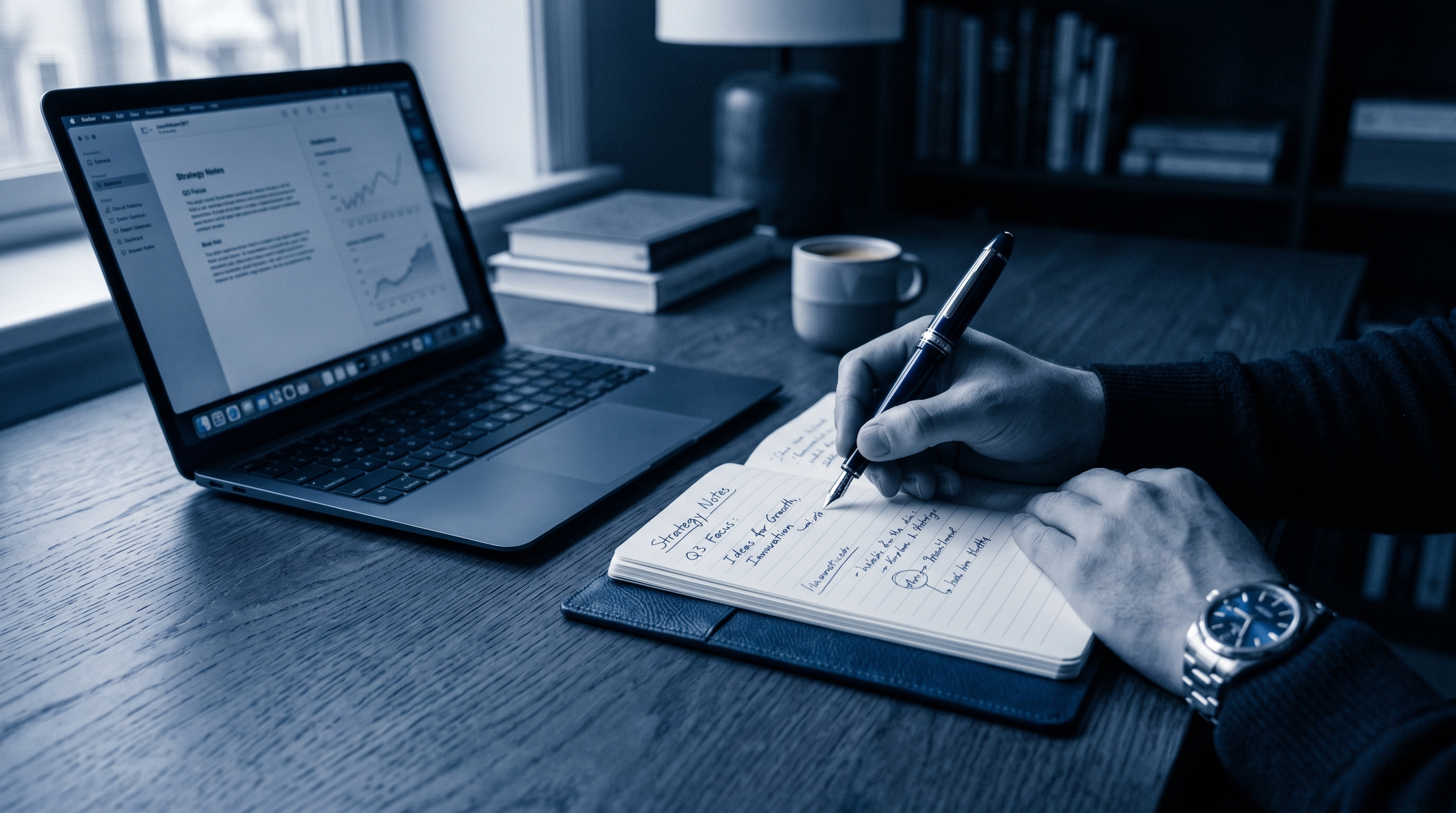 Strategie-Notizen und Marktanalysen am Schreibtisch